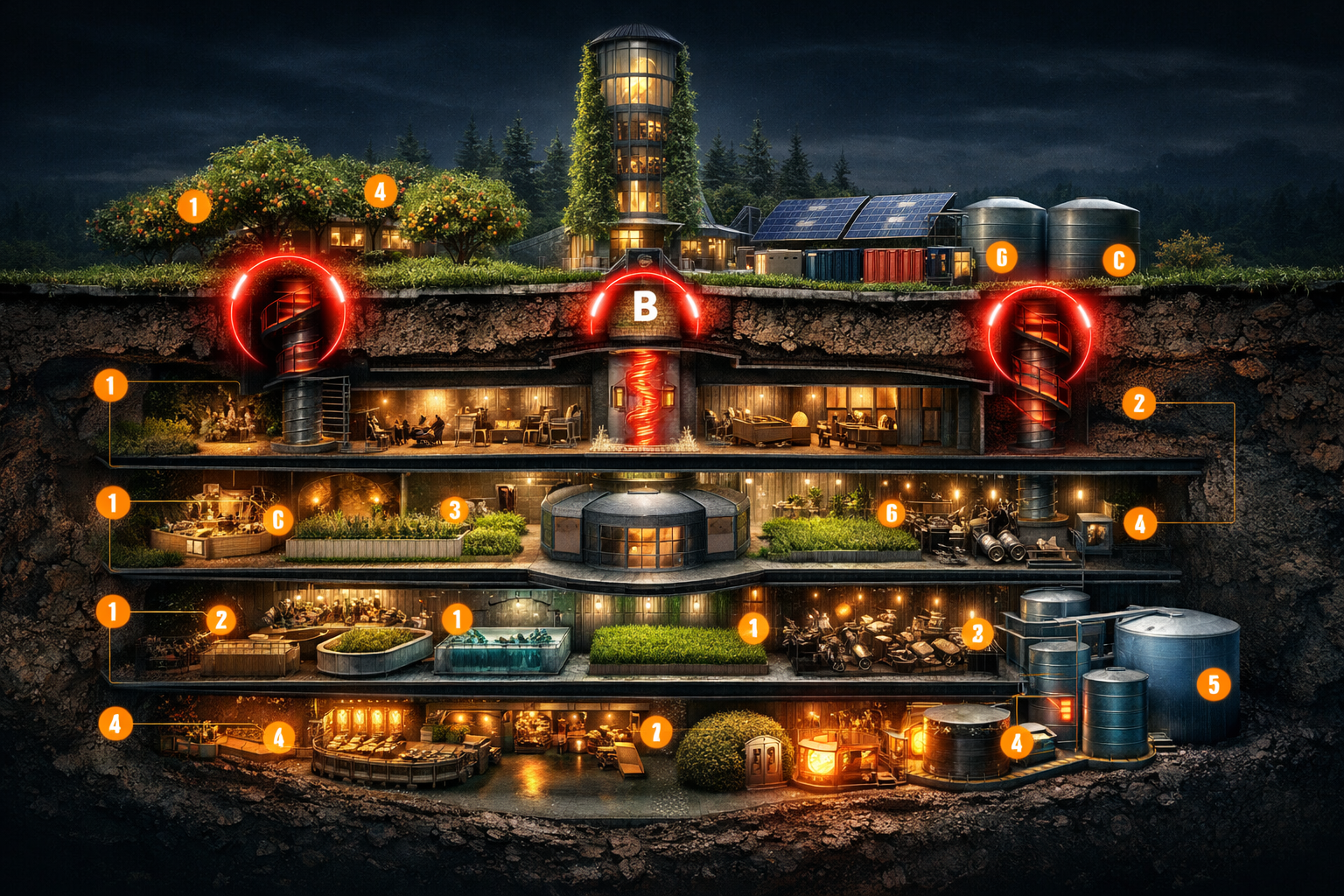 Diagramme interactif du bunker forestier autosuffisant